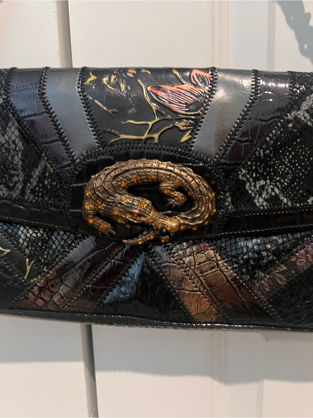Sharif Black Snake-Embossed Shoulder Bag with Chain and Snake Buckle
